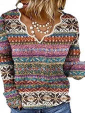 voordelige Boho Tops-Dames Blouse Bloem Modern Boho Lange mouw V-hals Normale tops Feestdagen Uitgaan Afdrukken blauw Paars Oranje Zomer