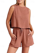 cheap Sets-Women&#039;s Active Basic Cotton Linen Sets Blouse Shorts Sets Sleeveless Crew Neck Solid Color Drawstring Going out Weekend Black Blue Orange Summer Regular Fit