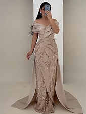 preiswerte Sekt-A-Linien Abendgarderobe Elegantes Kleid Formelles Hochzeitsbodenlanges Kurzarm Off-Shoulder Satin mit Glitzer Raffung Kristalle