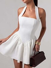 preiswerte Abschlusskleider-Damen Minikleid Weißes Kleid Abschlusskleid Partykleid Cocktailkleid Mode Party Date Teegesellschaft Normale Passform Einfach Ärmellos Neckholder Schwarz Weiß Wein Sommer