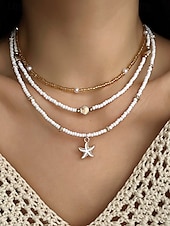 abordables Collar de mujer-Conjunto de collar y pulsera tobillera en capas estilo playa para mujer con dijes de estrellas de mar y conchas, diseño de cuentas doradas y blancas, adecuado para vacaciones de verano, estilo casual y bohemio.