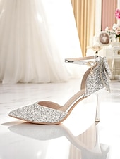 economico sposa-Scarpe da sposa con tacco argento scintillante da donna con fiocco – eleganti scarpe da sposa con punta a punta e cinturino alla caviglia per la sposa