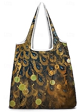 abordables Cabas et fourre-tout-Sac fourre-tout pliable à imprimé paon pour femme - Sac de courses réutilisable de grande capacité avec un design aquarelle élégant, léger et élégant, idéal pour un usage quotidien, les voyages et les achats écologiques