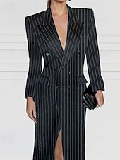 cheap Floor Length-Blazer Dress Mermaid / Trumpet Evening Gown Elegant Dress Pinstripe Tuxedo Dress Zipper Up Wedding Guest Formal Floor Length Long Sleeve Peak lapel collar Satin with Pocket 2025