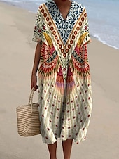 ieftine Rochii boho-Pentru femei Rochii Midi Rochie de Vară Rochie A line Vacanță Casual Boho Petrecere Ieșire Plajă Floral Grafic Manșon Lung În V Bej Vară Primăvară