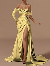 cheap GREEN-Beach Wedding Mermaid Evening Gown Sexy Dress Formal Wedding Guest Floor Length Long Sleeve Off Shoulder Satin with Ruched Slit Masquerade Dress