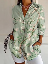 billige Kvinne Grafiske Topper-Dame Skjorte Bluse Blomsternål i krystall Moderne Fritid Langermet Skjortekrage Vanlige topper Daglig Ut på byen Knapper Trykt mønster Svart Hvit Gul Lysegrønn Rosa Sommer