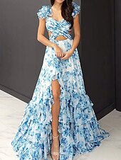 levne Elegantní květinové šaty-Dámské Dlouhé šaty Maxi šaty Swingové šaty Letní šaty Šaty s potiskem Elegantní Módní Zralý Košíček Dovolená Rande Jarní šaty Běžný Květinový Krátký rukáv Rolák Vodní modrá Léto Jaro