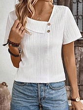 voordelige Dames eenvoudige tops-Dames Overhemd Effen Kleur Stijlvol Modern Casual Korte mouw V-hals Normale tops Dagelijks Knop Wit Zomer Lente