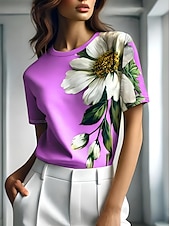 ieftine tricou floral-Pentru femei Tricou Floral Grafic Plante Epocă Stilat Clasic Manșon scurt Stil Nautic Rotund Topuri obișnuite Zilnic Sfârșit de săptămână Imprimeu Negru Albastru piscină Mov Trifoi Gri Vară Primăvară