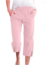 baratos Calça de linho de algodão simples-Mulheres Calças de linho de algodão Calças Capri Calças Moda Roupa de rua Comprimento da panturrilha Natural Tecido Bolsos Design de cordão elástico Confortável Exterior Rua Para Noite clarete Azul