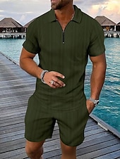 cheap Vacation-Men&#039;s Quarter Zip Polo Golf Shirt Daily Holiday Lapel Short Sleeve Fashion Basic Plain 2 Piece Jacquard Summer Regular Fit Black White Blue Khaki Army Green Gray Quarter Zip Polo