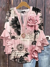 economico Top Floreali-Blusa da donna con maniche a strati e arricciate top floreale grafico vintage Bohemia quotidiano maniche a 3/4 scollatura a V top regolari abbigliamento quotidiano per le vacanze stampa rosa rossa