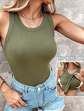 billige Stripe og geometrisk tank topp-Dame Camisole Tank Top Helfarge Stripet Daglig Fritid Ermeløs Crew-hals Vanlige topper Daglig Trykt mønster Svart Lysegrønn Navyblå Grønn Sommer Vår Built-in Bra Ribbed