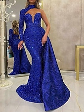 economico Vestiti da sera-Abiti Quinceanera A-Line Abito Elegante Matrimonio Matrimonio Ospite Lungo Maniche Lunghe Una Spalla Senza Schiena con Paillettes