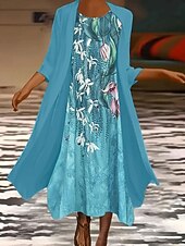 Women's Dress Set Summer Dress Casual Semi Formal Floral Graphic Print Midi Dress 3/4 Length Sleeve Crew Neck Daily Holiday Blue Purple Summer Spring Loose Fit4
