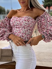 preiswerte Damen Grafik Tops-Damen Boho-Hemd Bluse Blume Modern Boho Langarm Schulterfrei Normale Oberteile Täglich Ausgehen Druck Erröten Sie Rosa Rosa Wein Rote Purpur Sommer