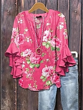 ieftine Topuri florale-Pentru femei Bluză Ombre Floral Grafic Elegant Boemia Έθνικ Lungime Manșon 3/4 În V Topuri obișnuite Zilnic Concediu Îmbrăcăminte de vacanță Bufantă Imprimeu Alb Galben Verde Deschis Mov Roz
