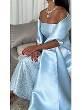 cheap BLUE-Sky Blue Beaded Gown Cape Dress Sheath / Column Evening Gown Elegant Dress Semi Formal Wedding Wedding Guest Dress Floor Length Sleeveless Strapless Satin