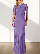 voordelige Vloerlengte-Zeemeermin  Trompet Moeder Van De Bruid Jurk Bruiloft Gast Elegante Crew Hals Vloerlengte Chiffon Halve Mouw Met Applicaties