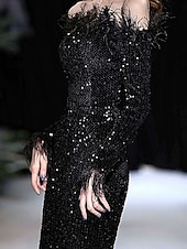 cheap BLACK-Mermaid / Trumpet Quinceanera Dresses Elegant Dress Formal Wedding Floor Length Long Sleeve Off Shoulder Sequined with Sequin