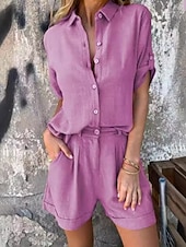 abordables Ensembles-Femmes Actif Mode Chemises en coton et lin Ensembles en coton et lin Chemisier Manche Courte Col de chemise Couleur Unie Dubbele Rij Knopen Sortir Week-end Noir Blanche Bleu Été Coupe régulière