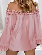 billiga Viktiga Falska Skjortor-Dam Skjorta Blus Konstbomullslinne Volang Öppen rygg Slät Modern Ledigt Långärmad Över axeln Vanliga toppar Dagligen Helgdag Utekväll Blå Svart Vit Rodnande Rosa Sommar