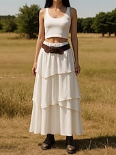 abordables Faldas Lisas-Mujer Falda Línea A Columpio Casual Boho Maxi Alta cintura Faldas Color sólido Retazos Vacaciones Festivos Blanco Verano Poliéster