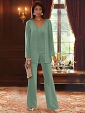 voordelige Broekpakken van mama-Strand Bruiloft Jumpsuit  Broekpak 3-delig Moeder van de Bruid Formele Bruiloft Gast Elegante V-Hals Vloerlengte Chiffon Kant Lange Mouw Jas met Apliques 2025