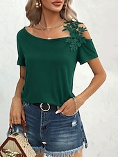 preiswerte Einfarbiges T-Shirt-Damen T Shirt Einfach Mode Modern Lässig Kurzarm V Ausschnitt Normale Oberteile Täglich Wochenende Patchwork Bestickt Schwarz Weiß Braun Grün Sommer Frühling