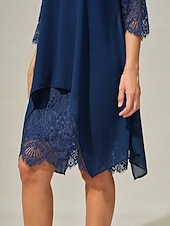 abordables Robe Simple-robe d&#039;invitée de mariage pour femme robe unie robe midi dentelle mousseline patchwork décontracté col rond manches 3/4 robes de cocktail robes formelles couleur bleue