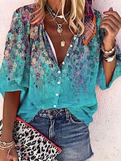 voordelige Bloemen tops-Dames Blouse Ombre Bloemig Grafisch Bohemen Dagelijks Casual 3/4 mouw Hoge nek Normale tops Knop Afdrukken Marineblauw Hemelsblauw Zomer Lente