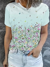 abordables T-shirt floral-Femmes T-shirt Hauts d&#039;été Fleuri Papillon Classique Occasionnel Manche Courte Col ras du cou Hauts courts Quotidien Week-end Imprimé Jaune Vert Claire Violet Été Printemps Automne