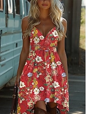 tanie Sukienka boho-Damskie Sukienka mini Sukienka letnia Sukienka na ramiączkach Sukienka z odkrytymi ramionami Urlop Codzienny Boho Na zewnątrz Spotkanie towarzyskie Wyjściowe Luźny / a Kwiaty Graficzny Bez rękawów W