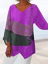 cheap Tunic Tops-Women&#039;s Tunic Shirt Blouse Basic Color Block Print Long Sleeve Long Tops V Neck Casual Red Spring Fall