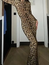 abordables Robe Rayée et Géométrique-Femmes Robe Longue Maxi Robe Robe Décontractée Moulant Mode Extérieur Soirée Fête Coupe régulière Léopard manche longue Col roulé Marron Été