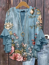 economico Top Floreali-Blusa da donna con maniche a strati e arricciate top floreale grafico vintage Bohemia quotidiano maniche a 3/4 scollatura a V top regolari abbigliamento quotidiano per le vacanze stampa rosa rossa