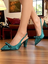 olcso 1950-es évek-női, 1950-es évekbeli, zöld színű, szatén, slingback magassarkú, masnival – elegáns, hegyes orrú, középmagas sarkú cipők esküvőkre, partikra és hivatalos alkalmakra