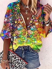 billige Boho t-skjorte-Dame Bluse Grafisk Paisly Fargeblokk Bohem Daglig Fritid 3/4 ermer Høyhalset Vanlige topper Knapper Trykt mønster Gul Lilla Oransje Sommer Vår