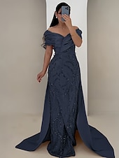 preiswerte Sekt-A-Linien Abendgarderobe Elegantes Kleid Formelles Hochzeitsbodenlanges Kurzarm Off-Shoulder Satin mit Glitzer Raffung Kristalle