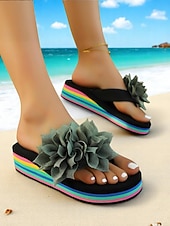 voordelige Slide Sandalen-Regenboog platform slippers voor dames met grote roze bloem, kleurrijke strandsandalen voor vakantie, tieners en jongvolwassenen, zomerse casual stijl
