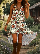 abordables Robes Bohémiennes-Femmes Robe Midi Robe trapèze Robe d&#039;été Vacances Occasionnel Boho Sortir Plage Coupe régulière Fleuri Graphique Sans manches Col en V Jaune Bleu Violet Vert Été Printemps