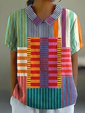 cheap Stripe&amp;Geometric Tops-Women&#039;s Blouse Graphic Geometric Striped Elegant Daily Stylish Short Sleeve Shirt Collar Regular Tops Work Daily Holiday Buttons Blue Orange Green Summer Spring