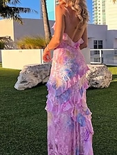 billiga Eleganta blommiga klänningar-Dam Långklänning Maxiklänning Vardagsklänning Blommig klänning Mode Elegant klänning Utomhus Fest Helgdag Normal Färggradient Ärmlös V-hals Rodnande Rosa Sommar