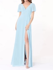 economico Abiti da damigella-Abito A-Line Damigella d&#039;Onore V Collo Manica Corta Elegante Lunghezza del Pavimento Chiffon con Fessura Frontale/Ruching