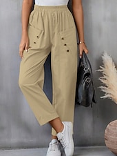 abordables Pantalon uni en coton et lin-Femmes Pantalon en coton et lin Slacks Mode Streetwear Longueur complète Naturel Uni Avec Poches Taille Élastique Confortable Sortir Week-end Chameau Noir Rose Bleu Été Coupe régulière