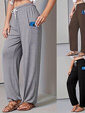 abordables jambe large et taille haute-Femmes Jambe large Slacks Pantalons Streetwear Occasionnel Longueur complète Naturel Uni Avec Poches Conception à cordon élastique Confortable Extérieur Rue Décontracté Quotidien Gris Noir Café Été