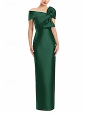 abordables Robes de cocktail-Robe de Soirée Fourreau  Colonne Élégante Robe Formelle Mariage Longueur de Sol Manches Courtes Épaule Dénudée Satin avec Nœud(s)