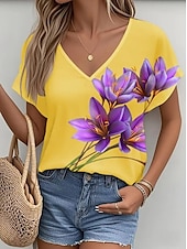 abordables T-shirt floral-Femmes T-shirt A Ombre Graphique Plantes Mode Hawaïen Occasionnel manche longue Col en V Hauts Réguliers Quotidien Sortir Week-end Imprimé Jaune Rouge Été Printemps