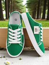economico Sneakers da donna-Sneakers slip-on da donna in tela verde con lacci – comode scarpe da ginnastica senza schienale, ideali per passeggiate, shopping, corse a scuola e giornate estive informali